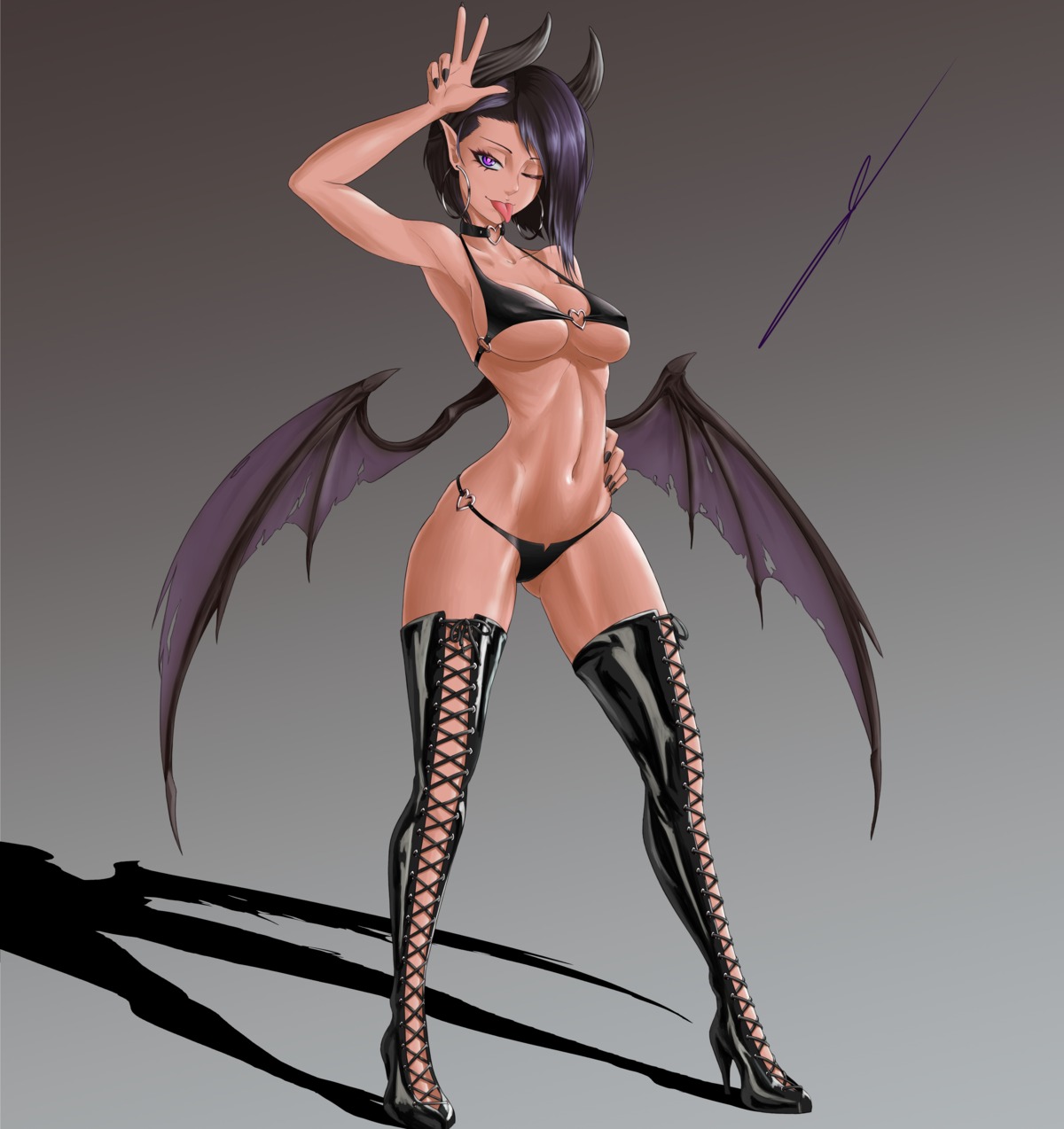 bikini devil heels horns pointy_ears skarj swimsuits tail thighhighs wings