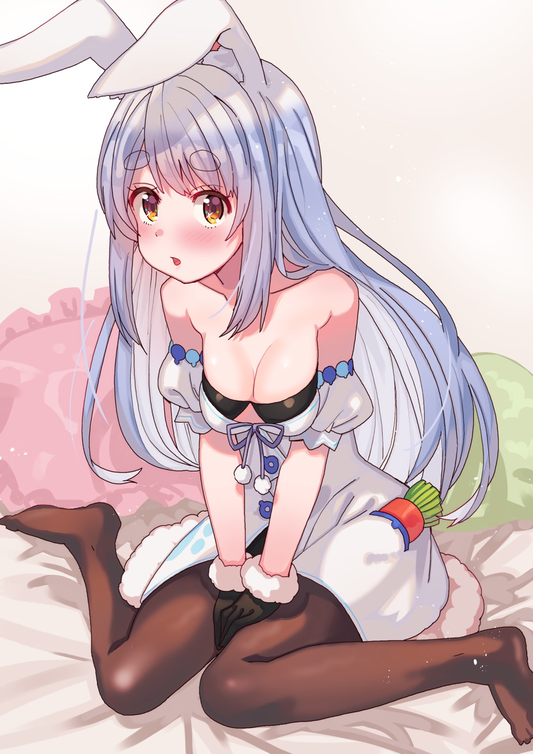 animal_ears bunny_ears cleavage hololive no_bra open_shirt pantyhose tonari_no_kai_keruberosu usada_pekora