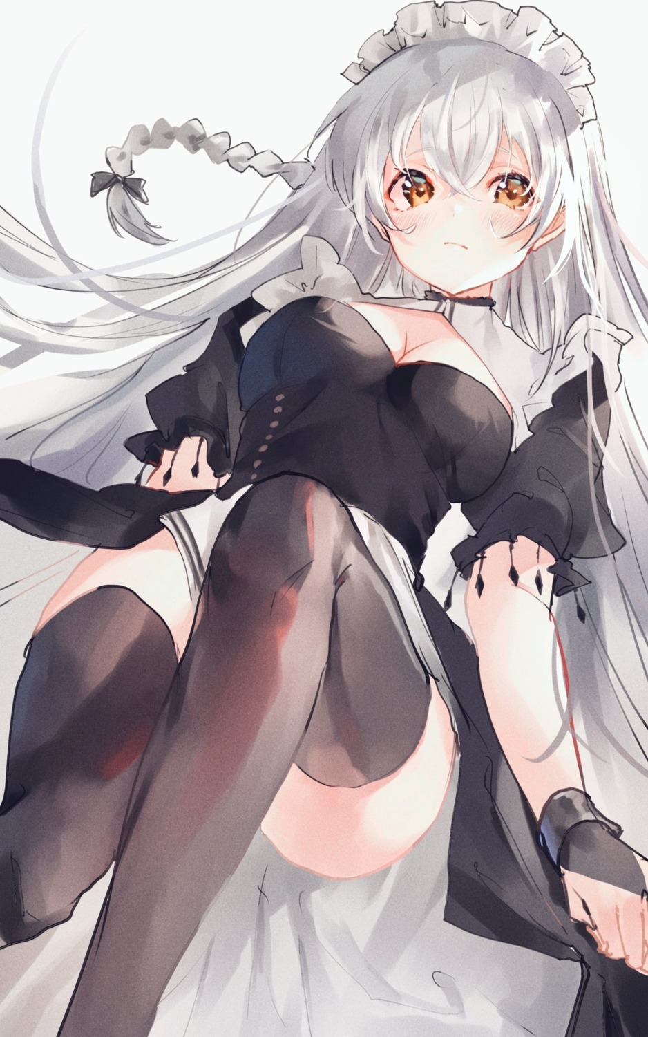 azur_lane cleavage hermione_(azur_lane) irohatomo maid sketch skirt_lift thighhighs