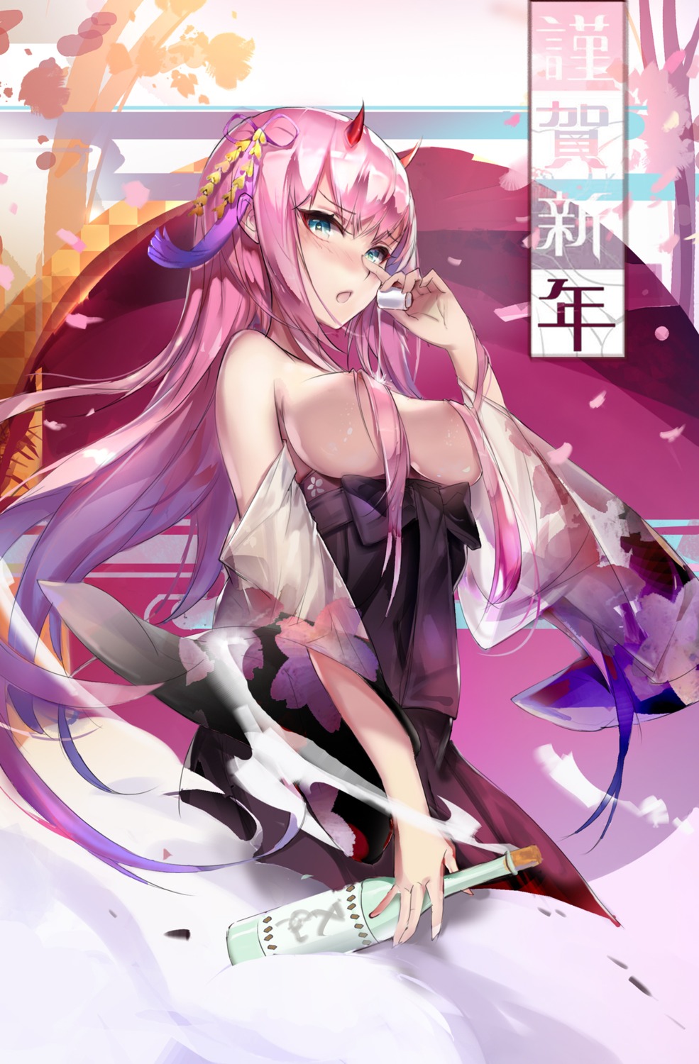 areola breasts darling_in_the_franxx horns japanese_clothes no_bra rabbit_(tukenitian) zero_two_(darling_in_the_franxx)