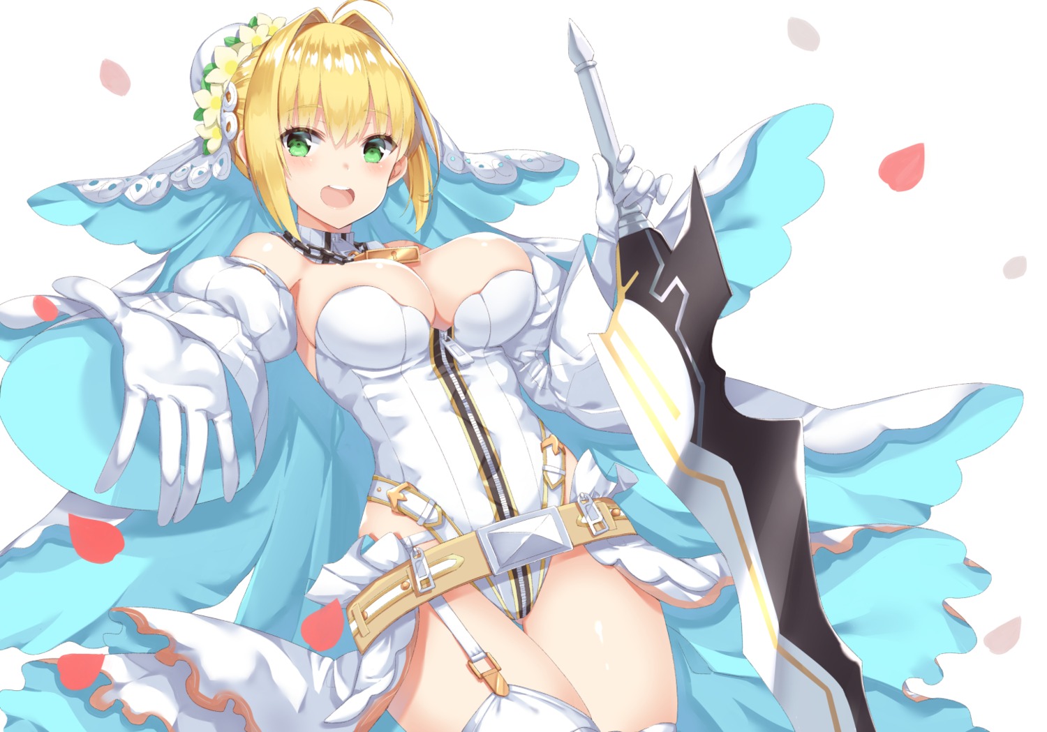 fate/extra fate/stay_night leotard no_bra saber_bride saber_extra stockings sword thighhighs yuzu-aki