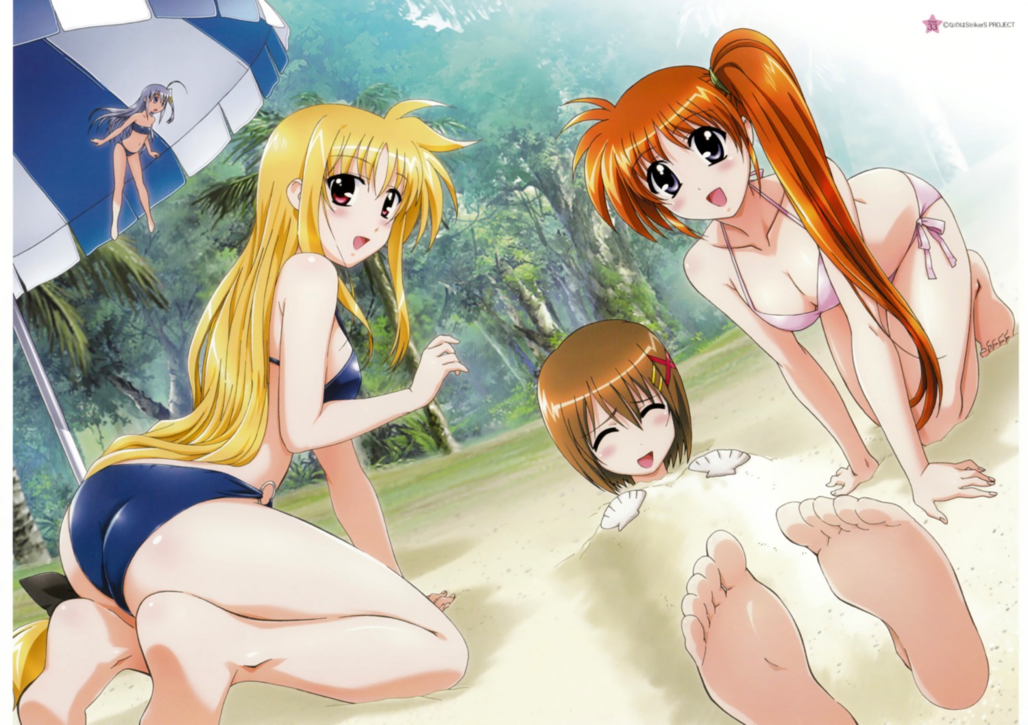 bikini fate_testarossa feet mahou_shoujo_lyrical_nanoha mahou_shoujo_lyrical_nanoha_strikers okuda_yasuhiro reinforce_zwei swimsuits takamachi_nanoha yagami_hayate