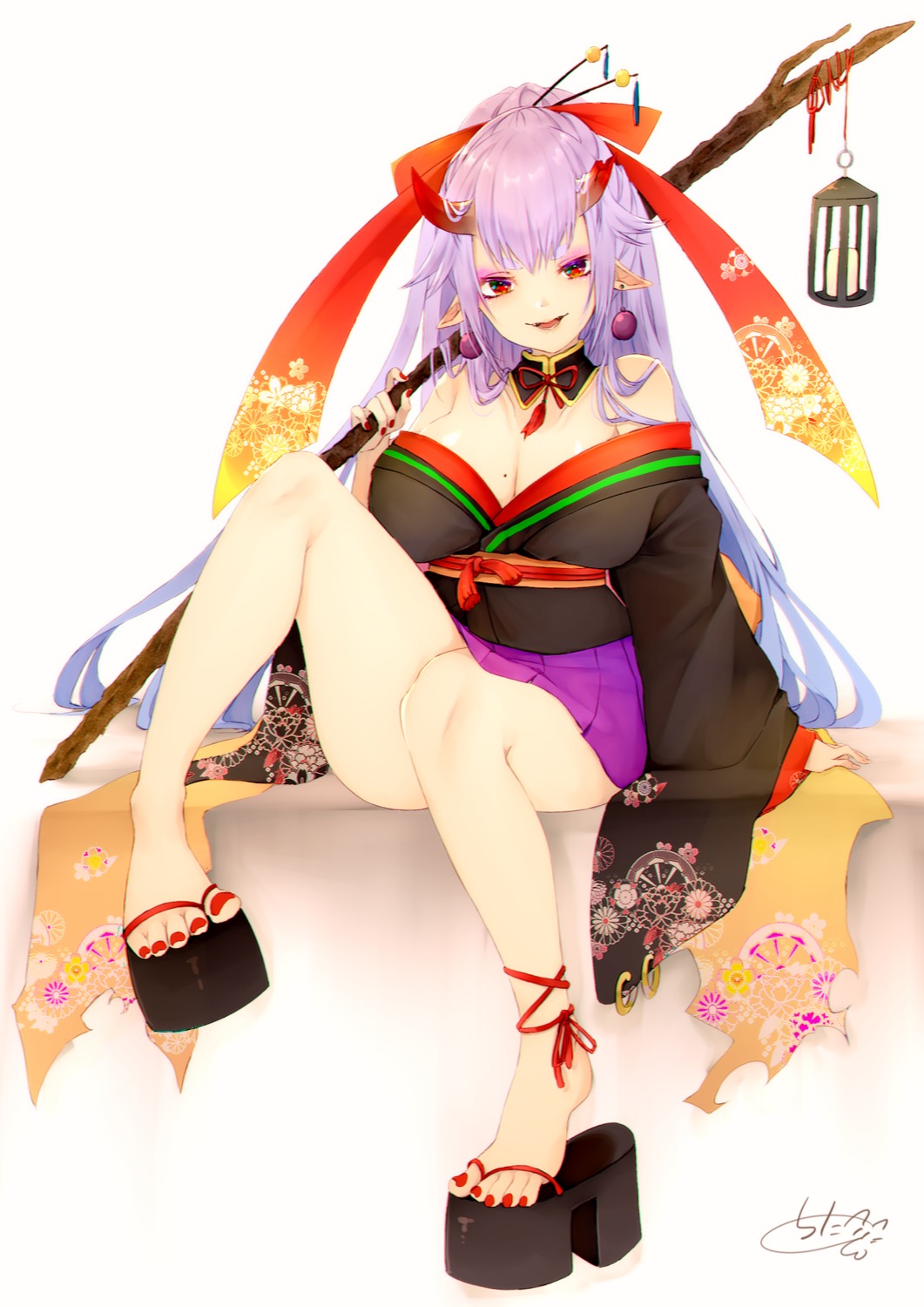 chita_(ketchup) cleavage horns japanese_clothes no_bra open_shirt pointy_ears skirt_lift