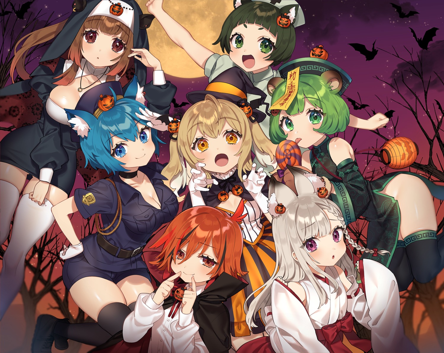 animal_ears animare chinadress cleavage halloween miko nanashi_inc. nekomimi nopan nun nurse open_shirt police_uniform tagme thighhighs witch