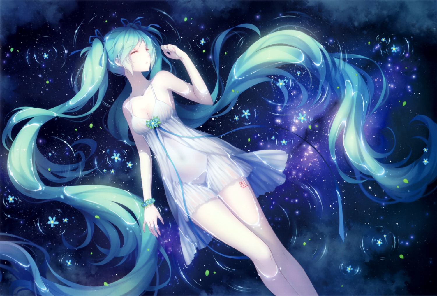 cleavage dress hatsune_miku no_bra nopan see_through summer_dress tattoo tidsean vocaloid wet