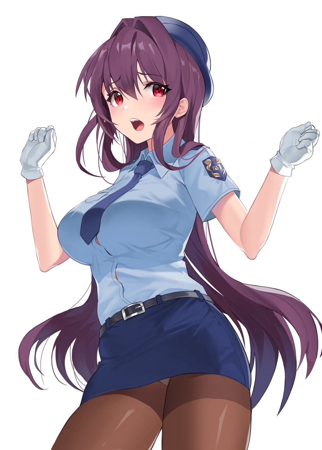 damda fate/grand_order pantsu pantyhose police_uniform scathach_(fate/grand_order) skirt_lift