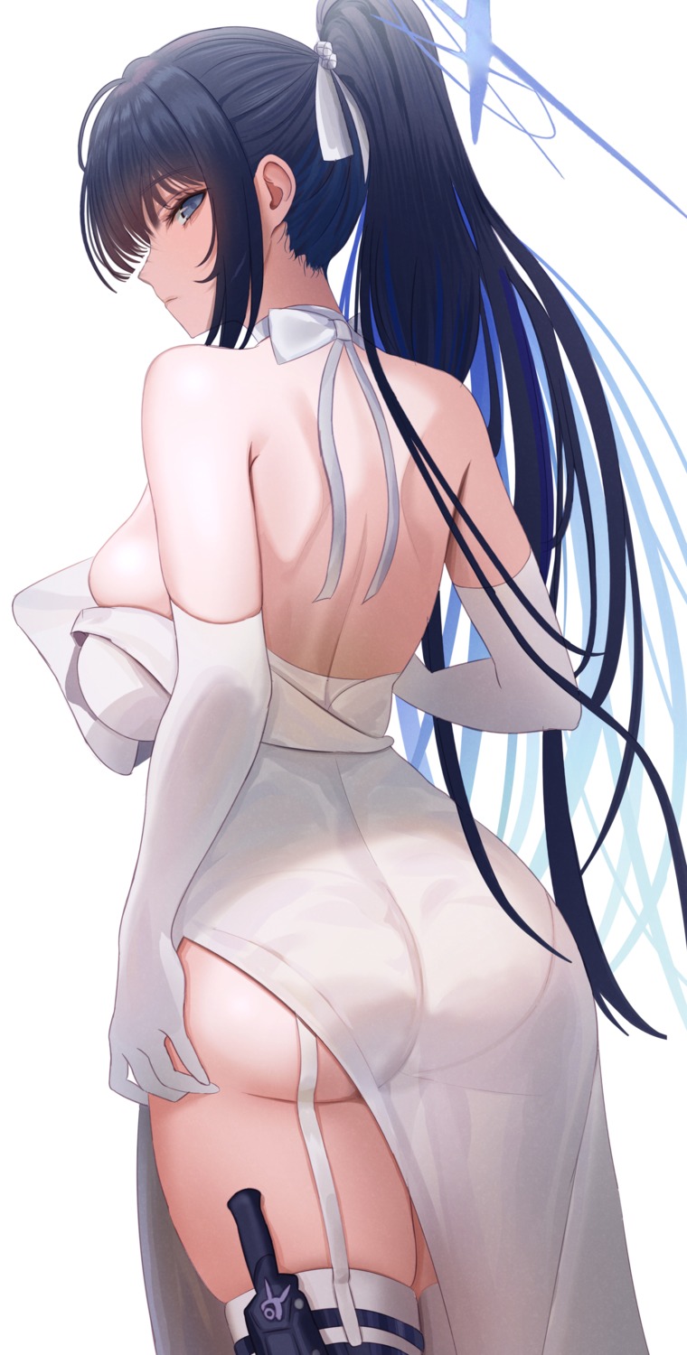 ass blue_archive dress garter halo joumae_saori ni_tamago_sando no_bra see_through stockings thighhighs weapon