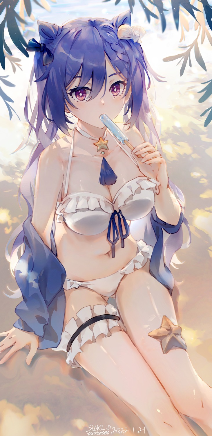 bikini cleavage garter genshin_impact keqing open_shirt swimsuits swkl:d