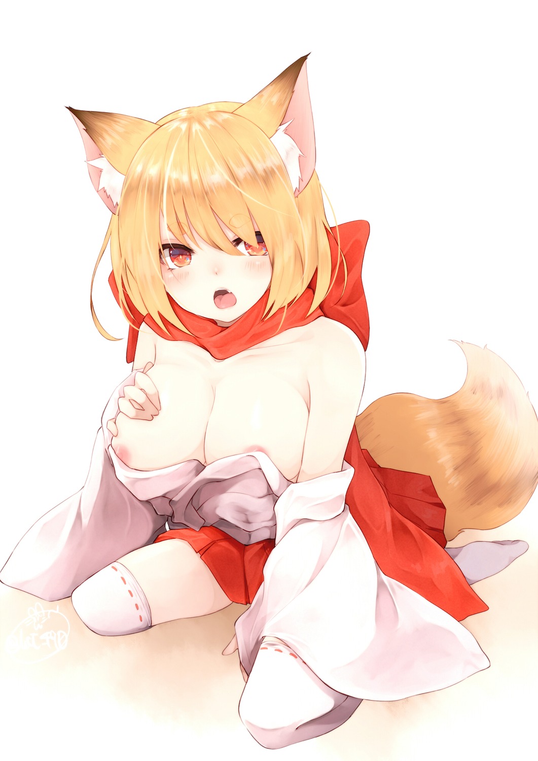 animal_ears areola breast_hold chita_(ketchup) miko nipple_slip no_bra open_shirt tail thighhighs