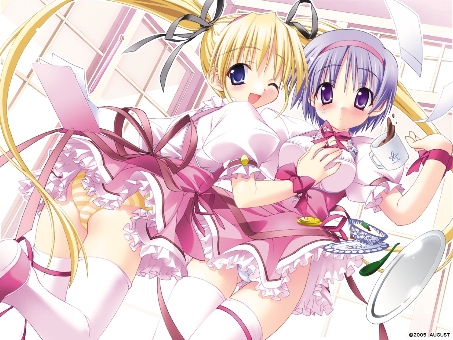 breast_grab kannagi_rei pantsu shibugaki_matsuri shimapan tachibana_chihiro thighhighs tsuki_wa_higashi_ni_hi_wa_nishi_ni waitress wallpaper