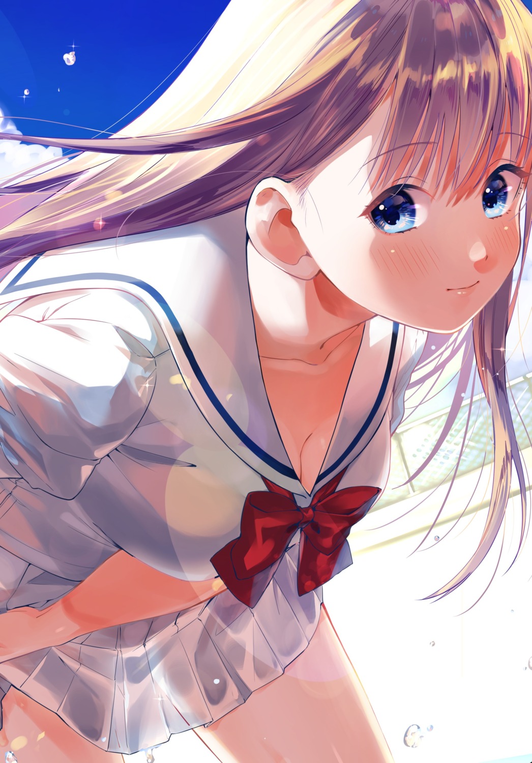 cleavage geshumaro see_through seifuku skirt_lift tan_lines wet_clothes