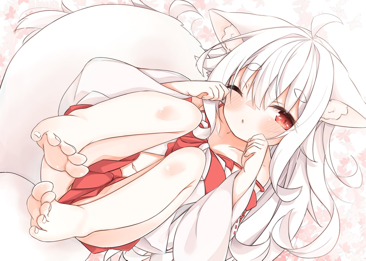 animal_ears feet kitsune miko minato_yu0 skirt_lift tail