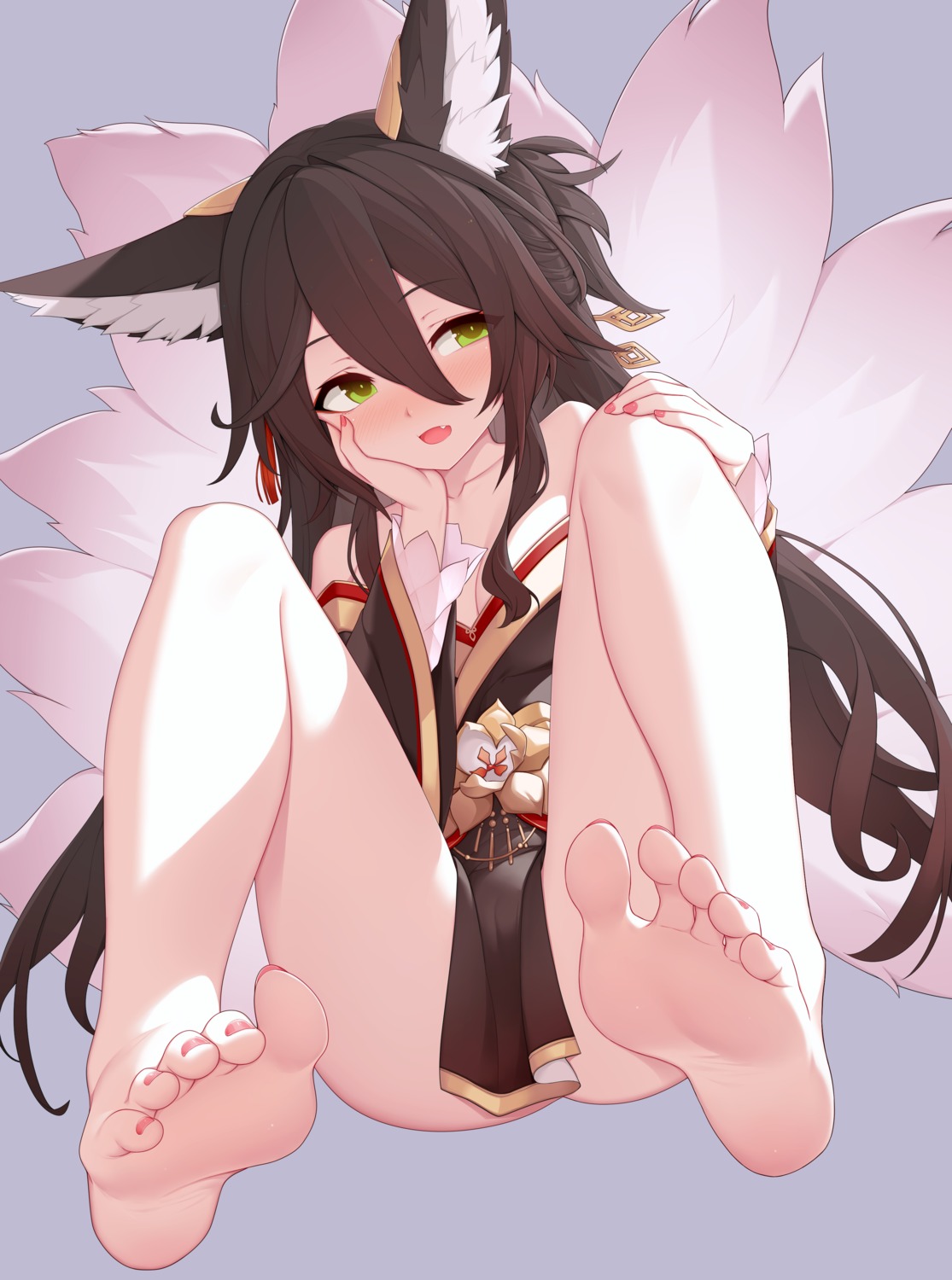 animal_ears cameltoe feet honkai:_star_rail japanese_clothes kitsune no_bra tail tingyun zen_o