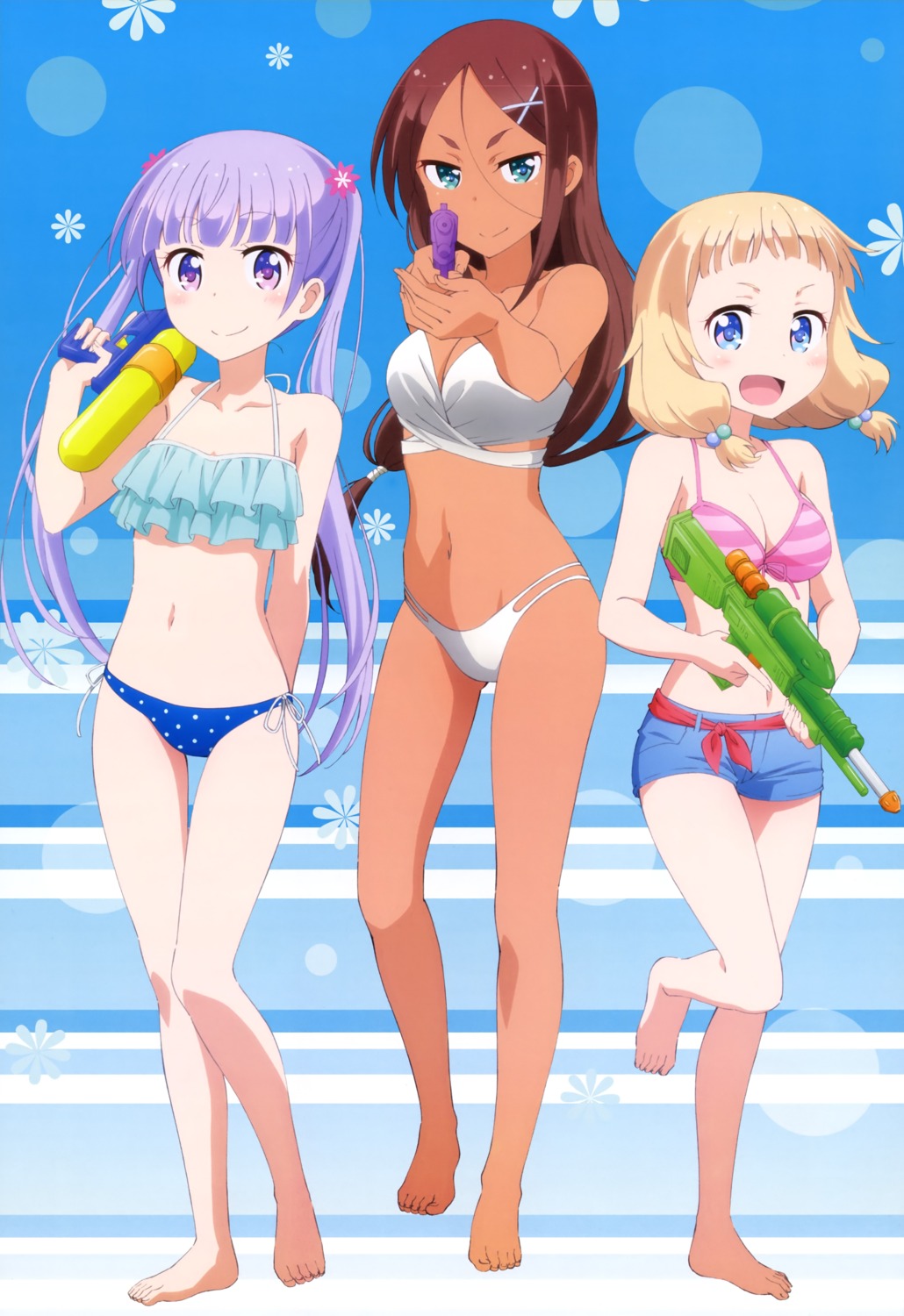 ahagon_umiko bikini bikini_top cleavage feet gun kikunaga_chisato new_game! sakura_nene suzukaze_aoba swimsuits