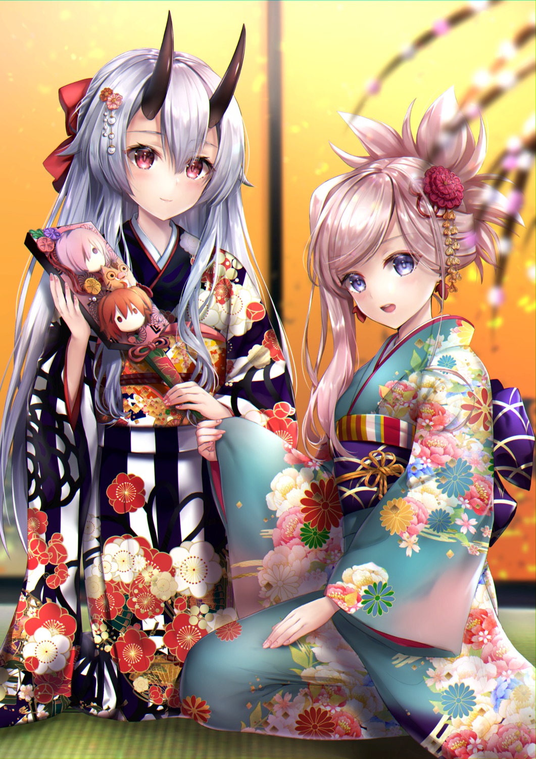 fate/grand_order hane_yuki horns kimono miyamoto_musashi_(fate/grand_order) tomoe_gozen_(fate/grand_order)