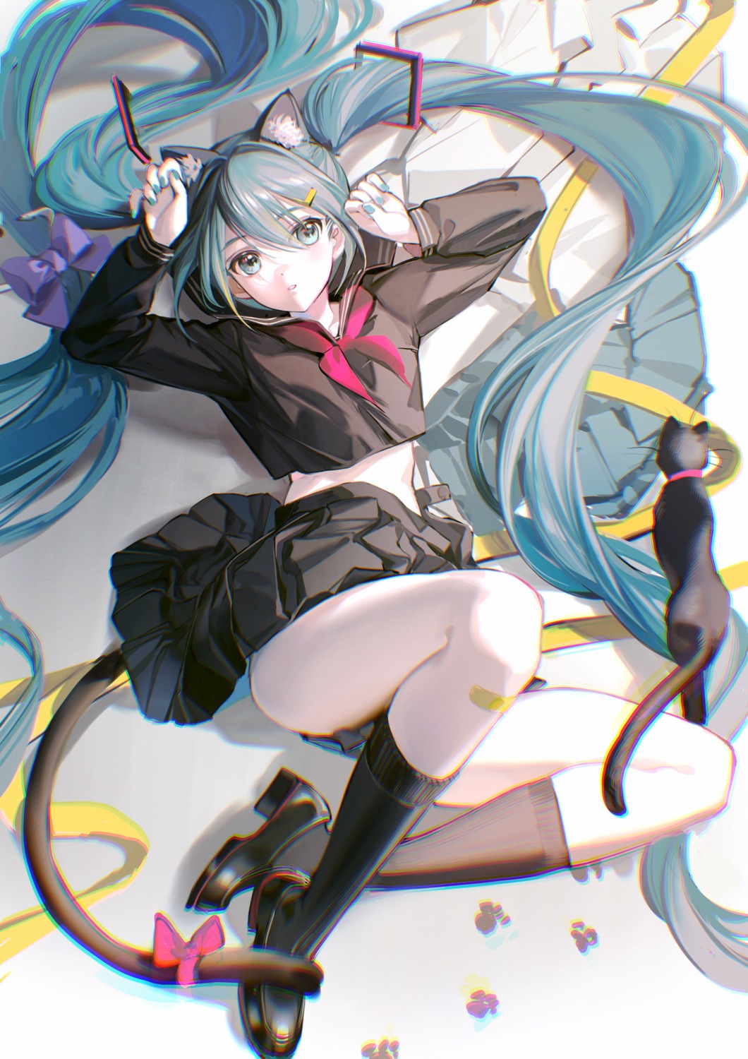 animal_ears bandaid hatsune_miku neko nekomimi rumoon seifuku skirt_lift tail vocaloid