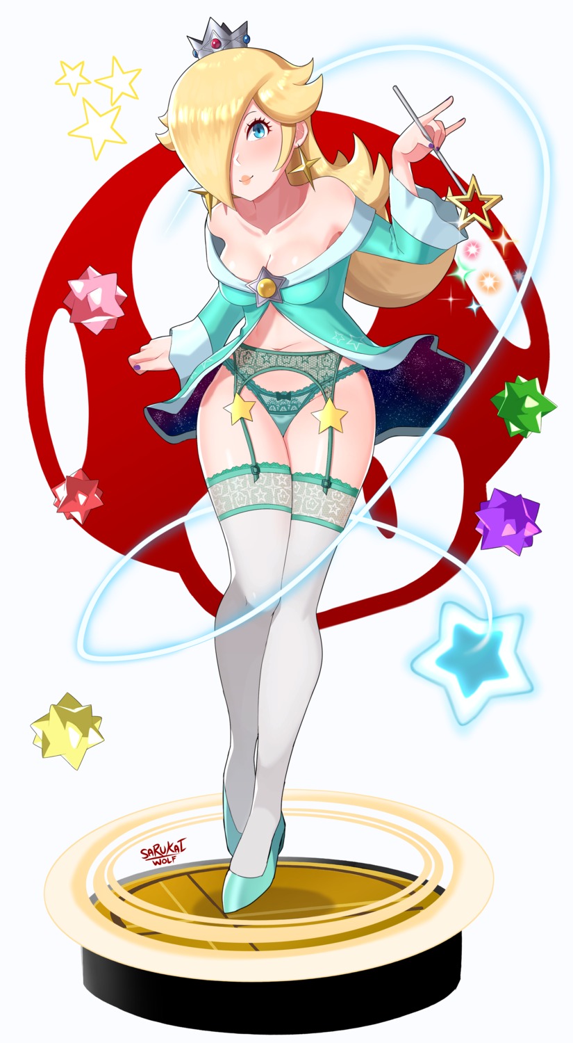 dress garter_belt heels mario_bros. no_bra open_shirt pantsu rosalina sarukaiwolf skirt_lift stockings thighhighs