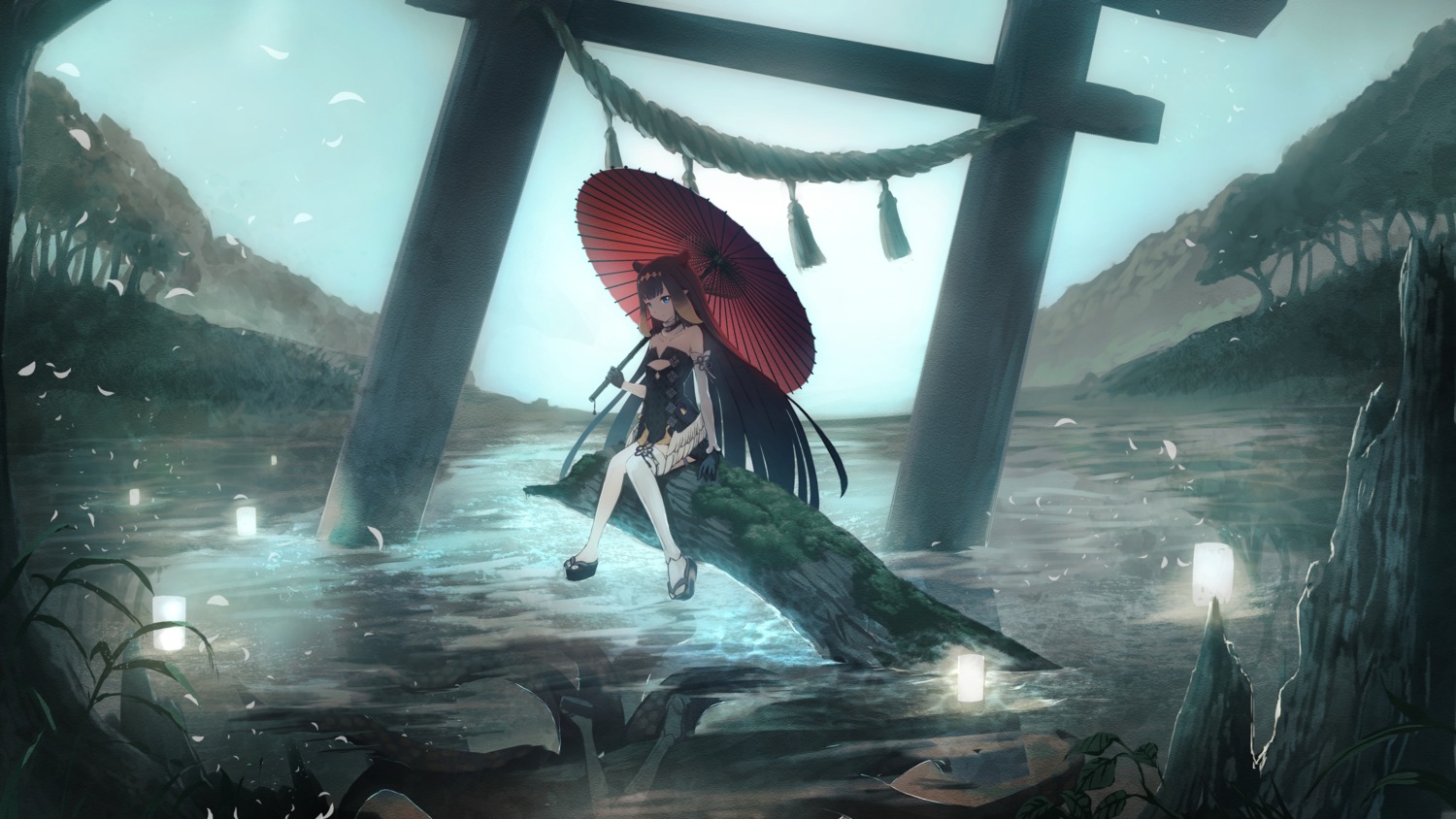 hololive hololive_english landscape namacotan ninomae_ina'nis no_bra pointy_ears tentacles thighhighs umbrella wings