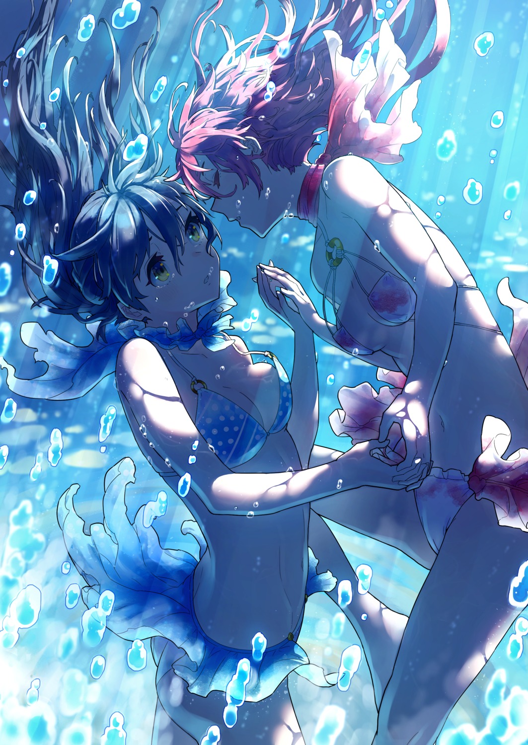 ass bikini cameltoe hatsuga_(dmaigmai) skirt_lift swimsuits yuri