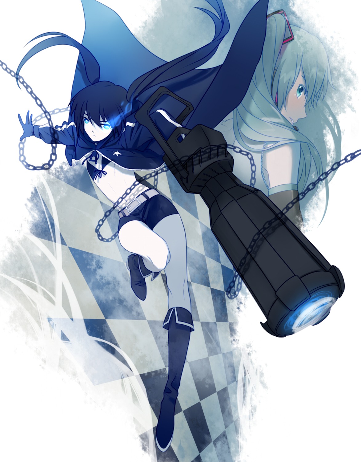 bikini_top black_rock_shooter black_rock_shooter_(character) crossover hatsune_miku headphones icece swimsuits vocaloid weapon