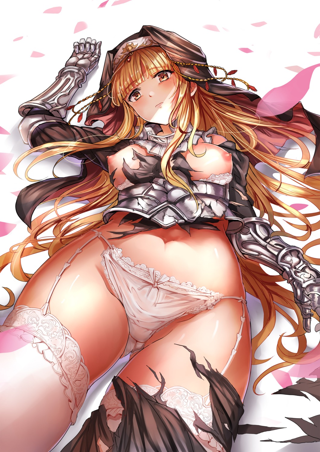 armor bra breasts brown_dust nipples pantsu see_through stockings tagme thighhighs torn_clothes
