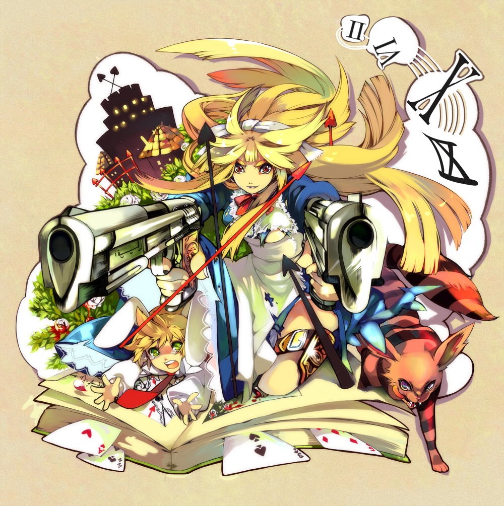 alice alice_in_wonderland cheshire_cat gun tenryou_sena torn_clothes white_rabbit