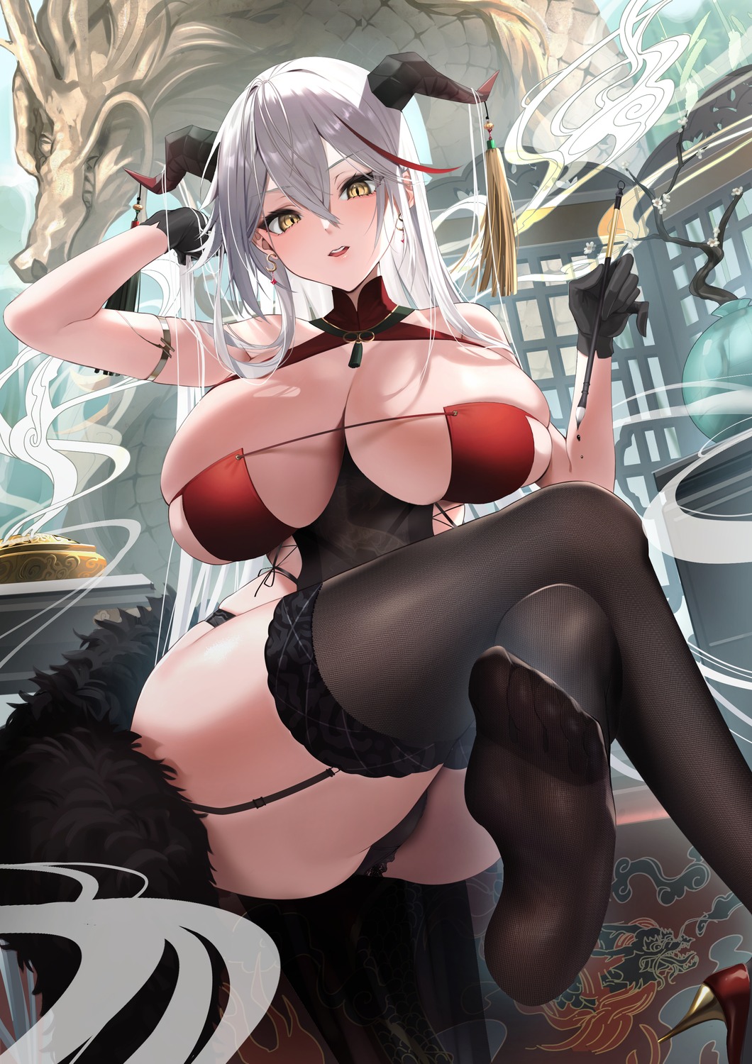 aegir_(azur_lane) azur_lane comichipota feet horns no_bra pantsu stockings thighhighs thong