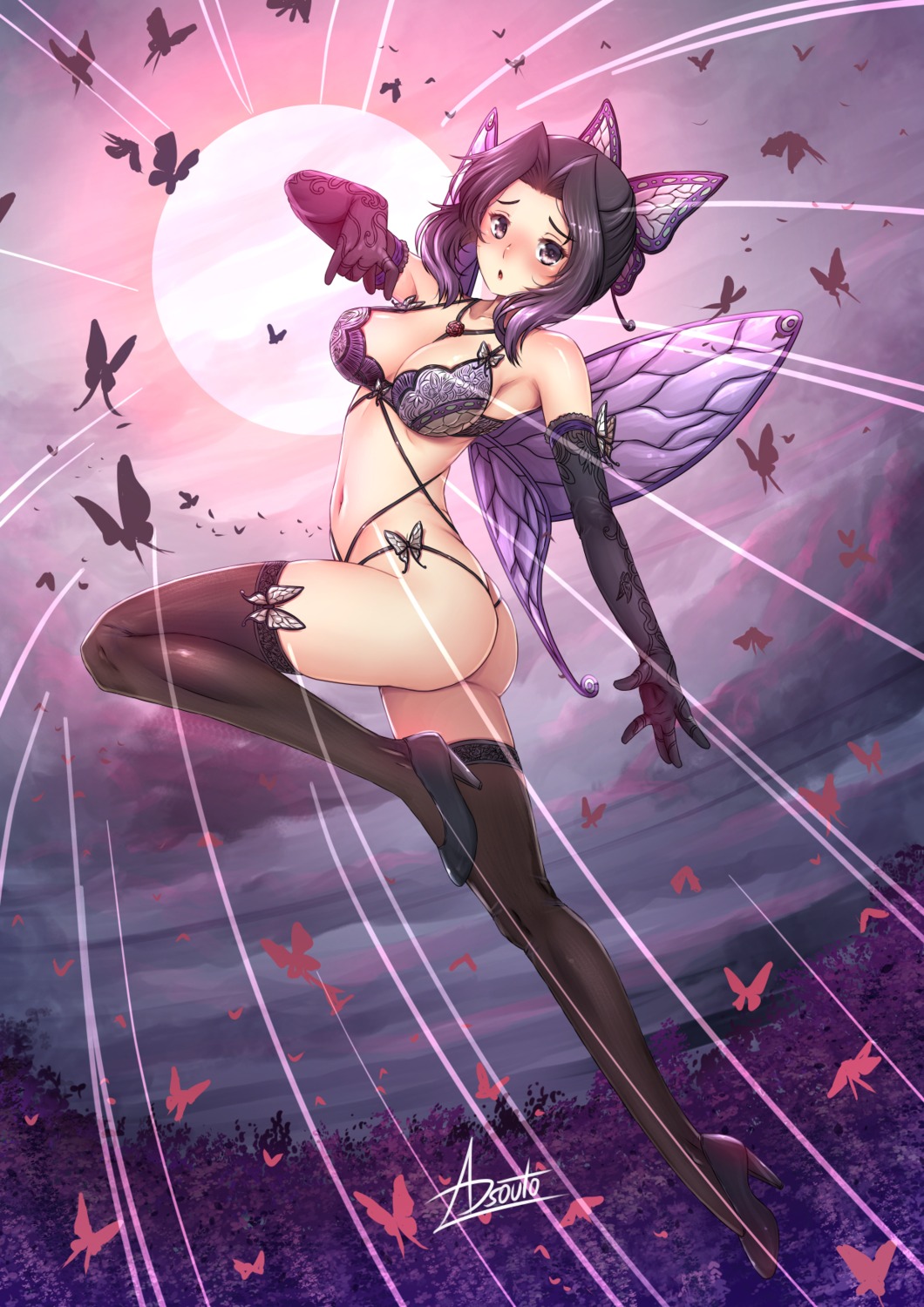 adsouto ass bra cleavage heels kimetsu_no_yaiba kochou_shinobu pantsu thighhighs thong wings