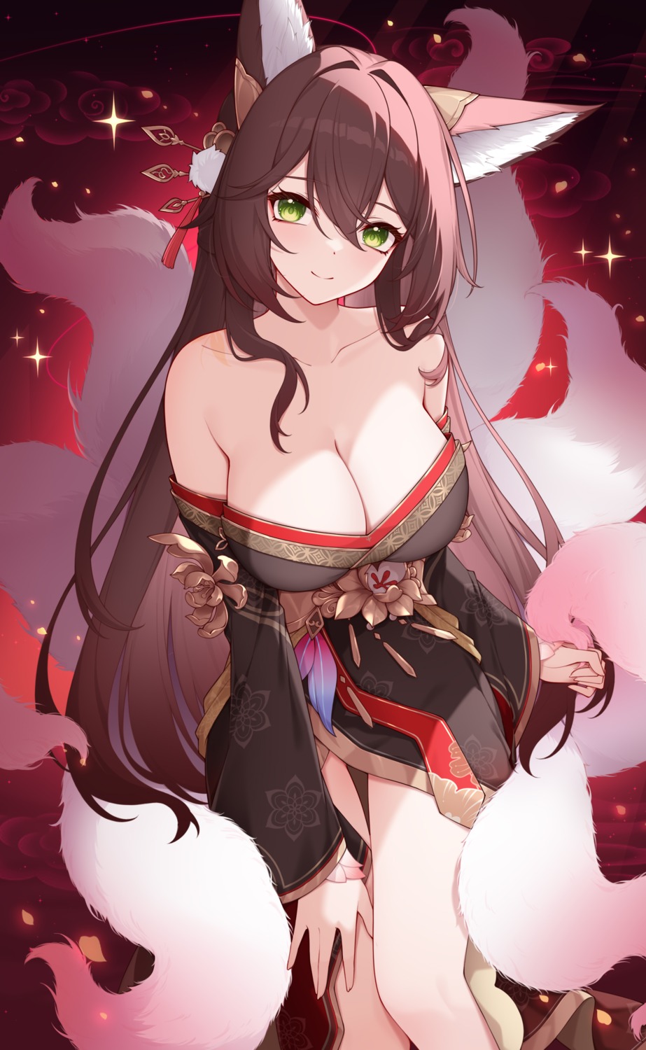 animal_ears honkai:_star_rail japanese_clothes kitsune no_bra open_shirt poinia tail tingyun