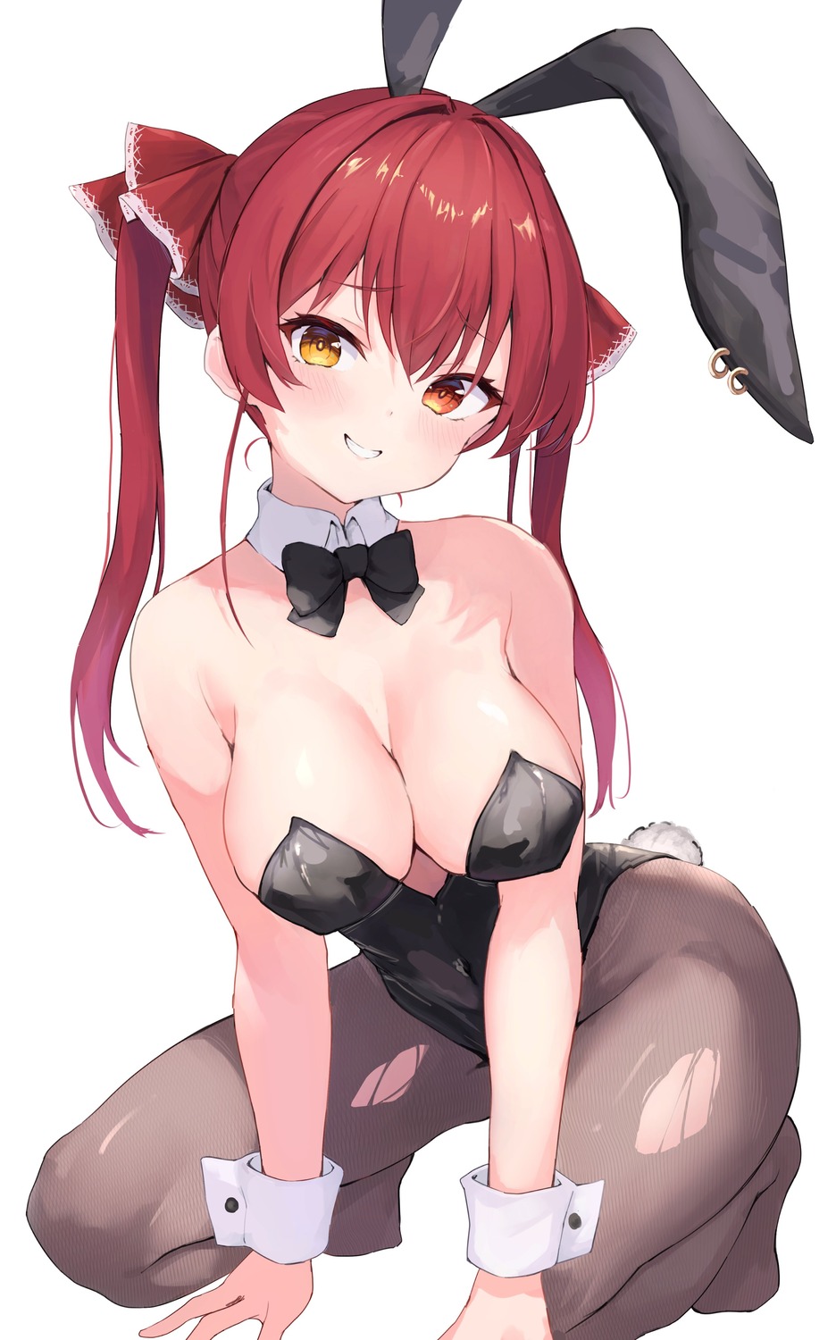 animal_ears asktyuni bunny_ears bunny_girl heterochromia hololive houshou_marine pantyhose tail torn_clothes