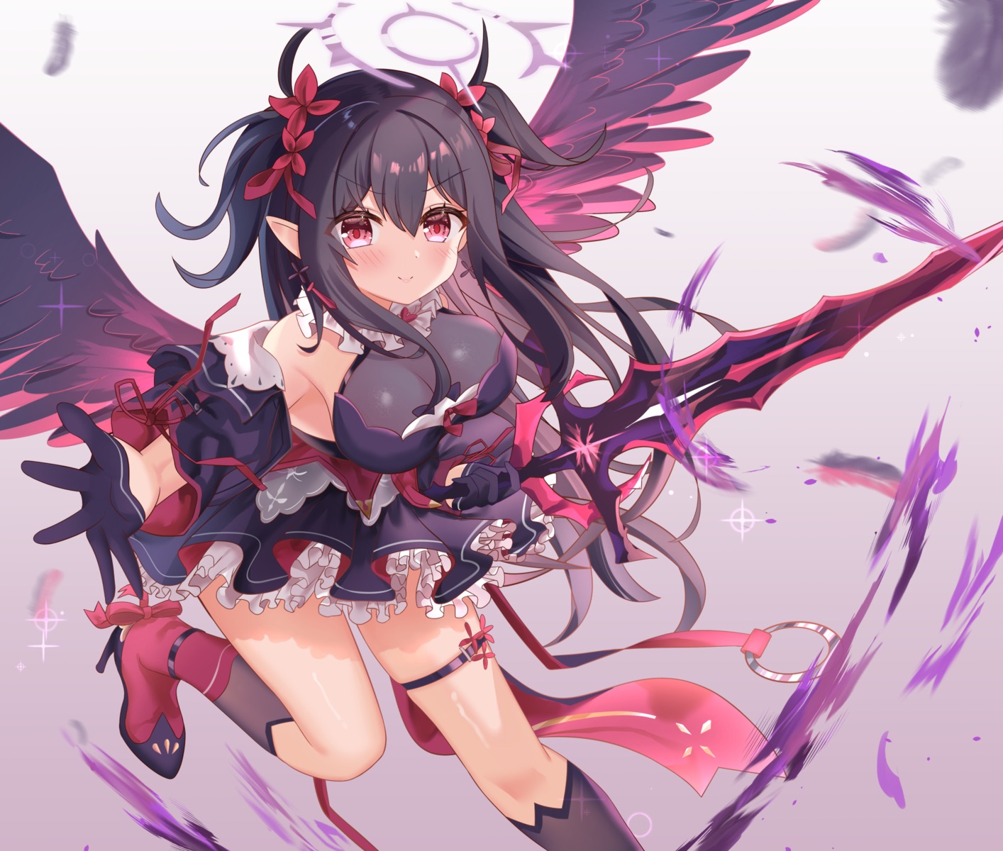 garter heels hiyada_yuu pointy_ears skirt_lift sword wings