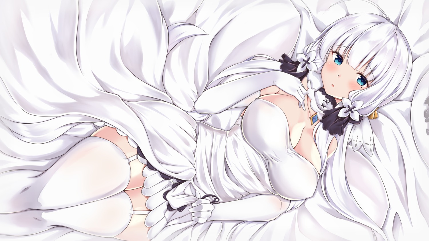 azur_lane cleavage dress illustrious_(azur_lane) mamizu no_bra skirt_lift stockings thighhighs