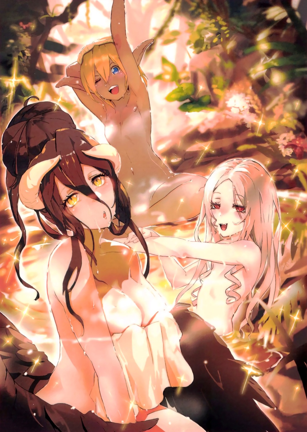 albedo_(overlord) aura_bella_fiora bathing breast_hold censored horns loli naked overlord pointy_ears shalltear_bloodfallen so-bin towel wings