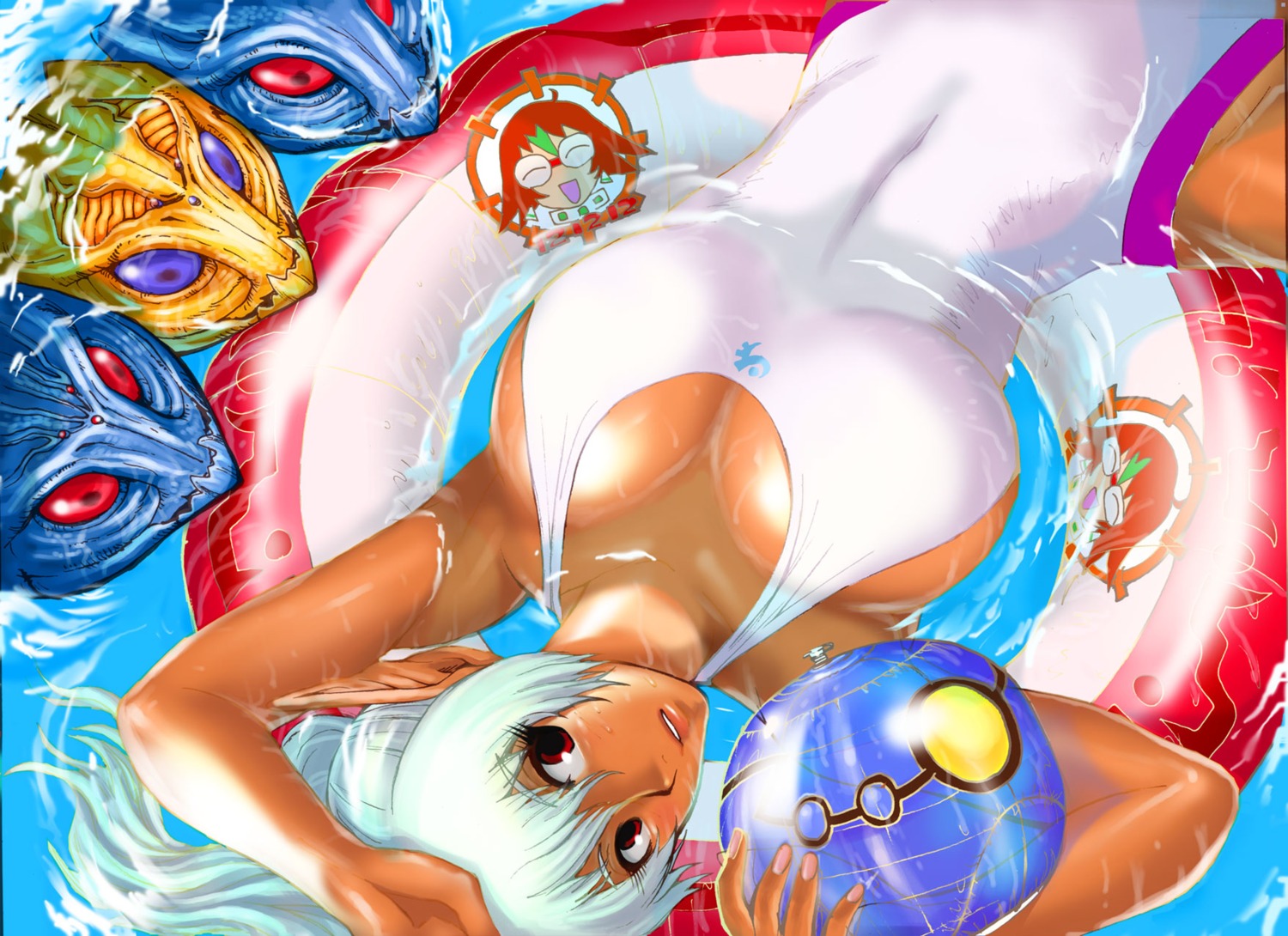 cleavage elf kamitsuki_manmaru phantasy_star_online pointy_ears swimsuits tan_lines wet