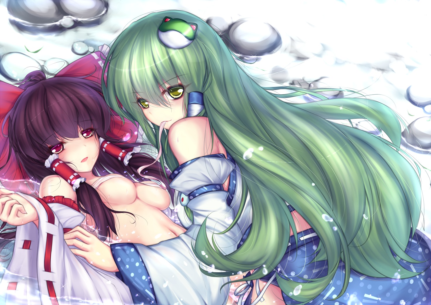 hakurei_reimu kochiya_sanae open_shirt sarashi scarlethy touhou underboob yuri