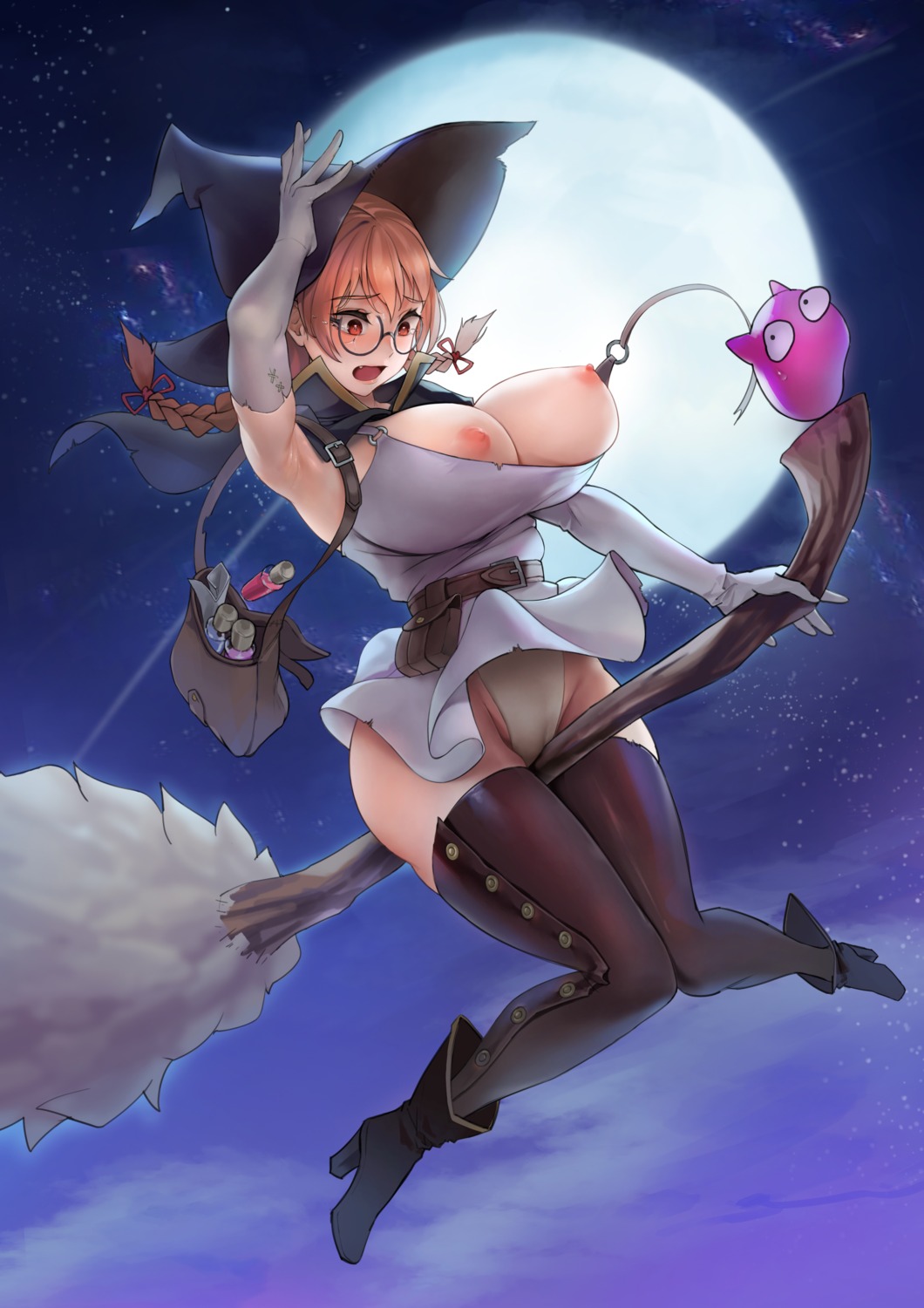 breasts cameltoe heels megane mute_(mute89539160) nipples no_bra pantsu skirt_lift thighhighs wardrobe_malfunction witch