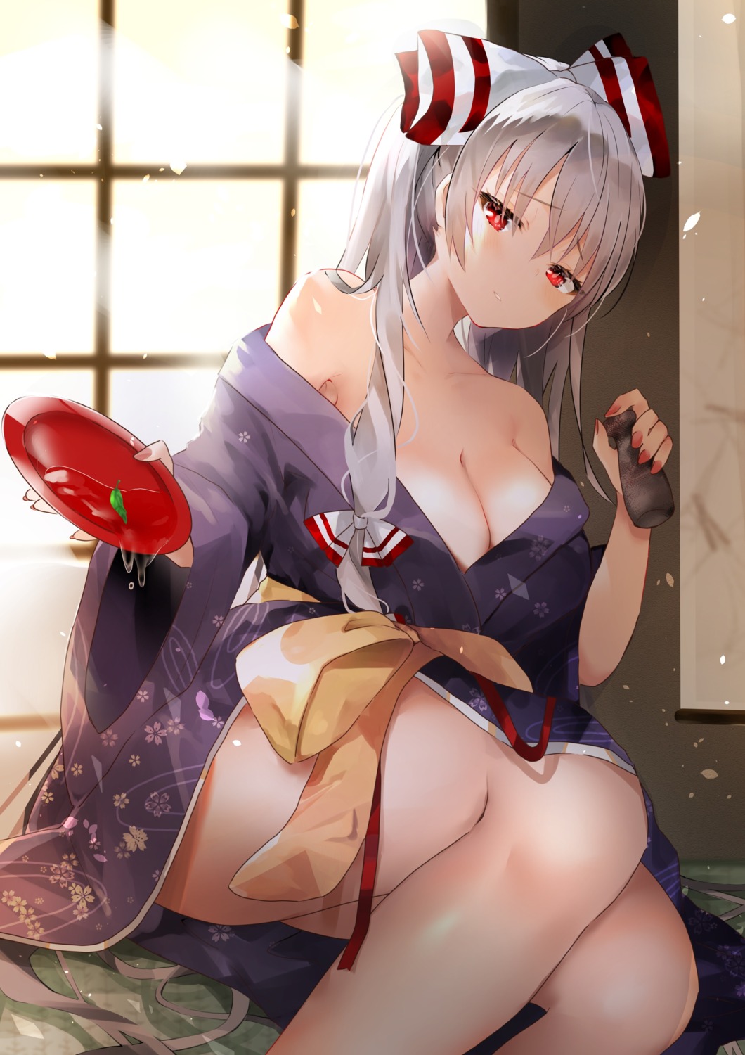 fujiwara_no_mokou hiiro60 no_bra open_shirt skirt_lift touhou yukata