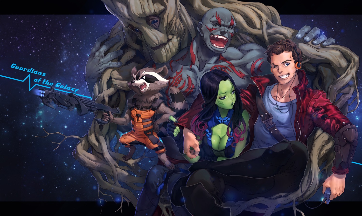 animal_ears cleavage drax_the_destroyer gamora groot guardians_of_the_galaxy gun headphones marvel mhk peter_quill rocket_racoon tail