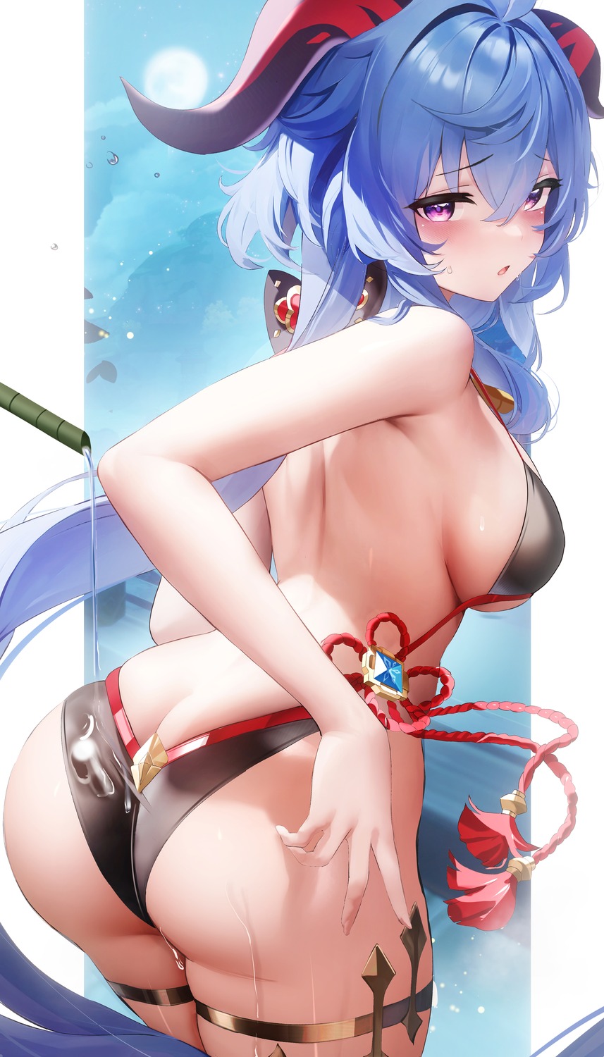 ass bikini fantongjun ganyu garter genshin_impact horns swimsuits thong wet