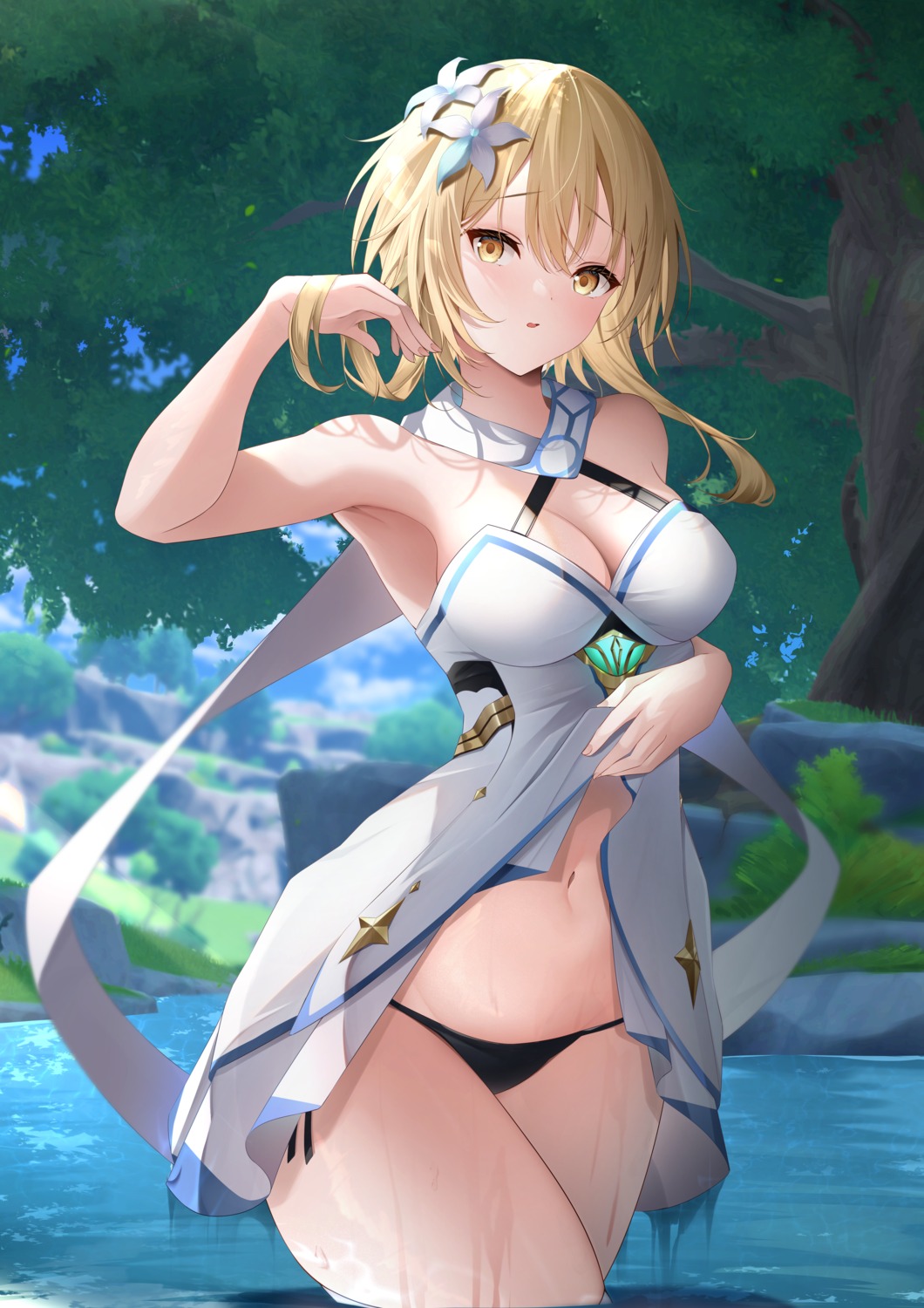 dress ekidona genshin_impact lumine no_bra pantsu skirt_lift wet wet_clothes