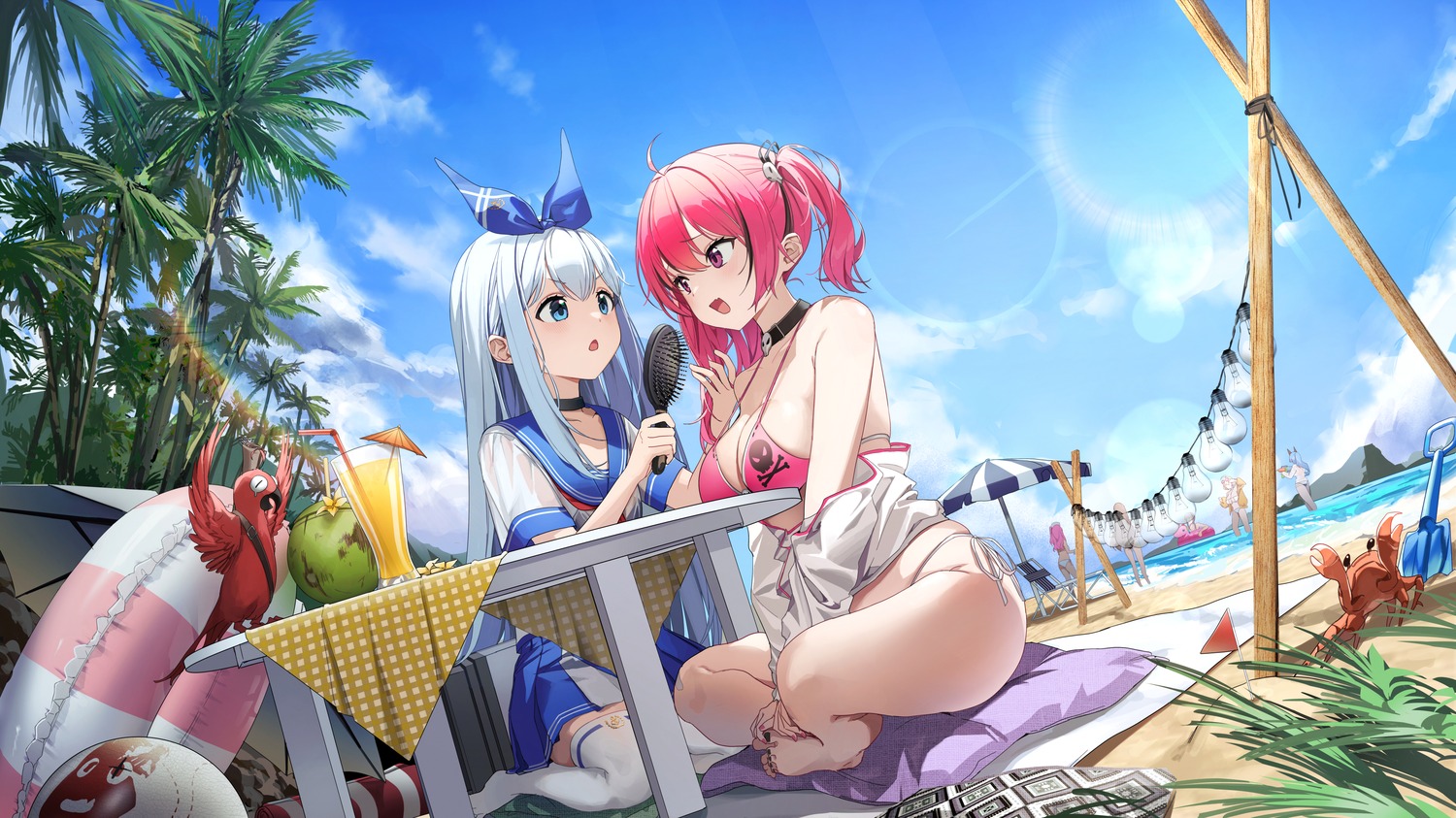 anchor_(nikke) anis bikini helm mast_(nikke) nagul neon_(nikke) nikke_the_goddess_of_victory open_shirt rapi_(nikke) see_through seifuku swimsuits thighhighs wet