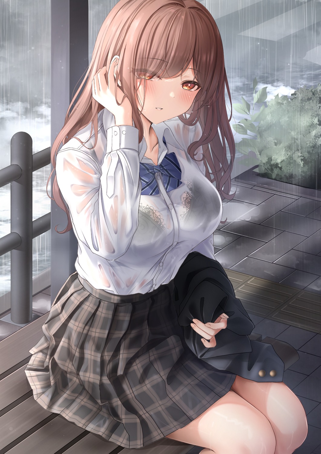 bra monaka_curl see_through seifuku wet wet_clothes