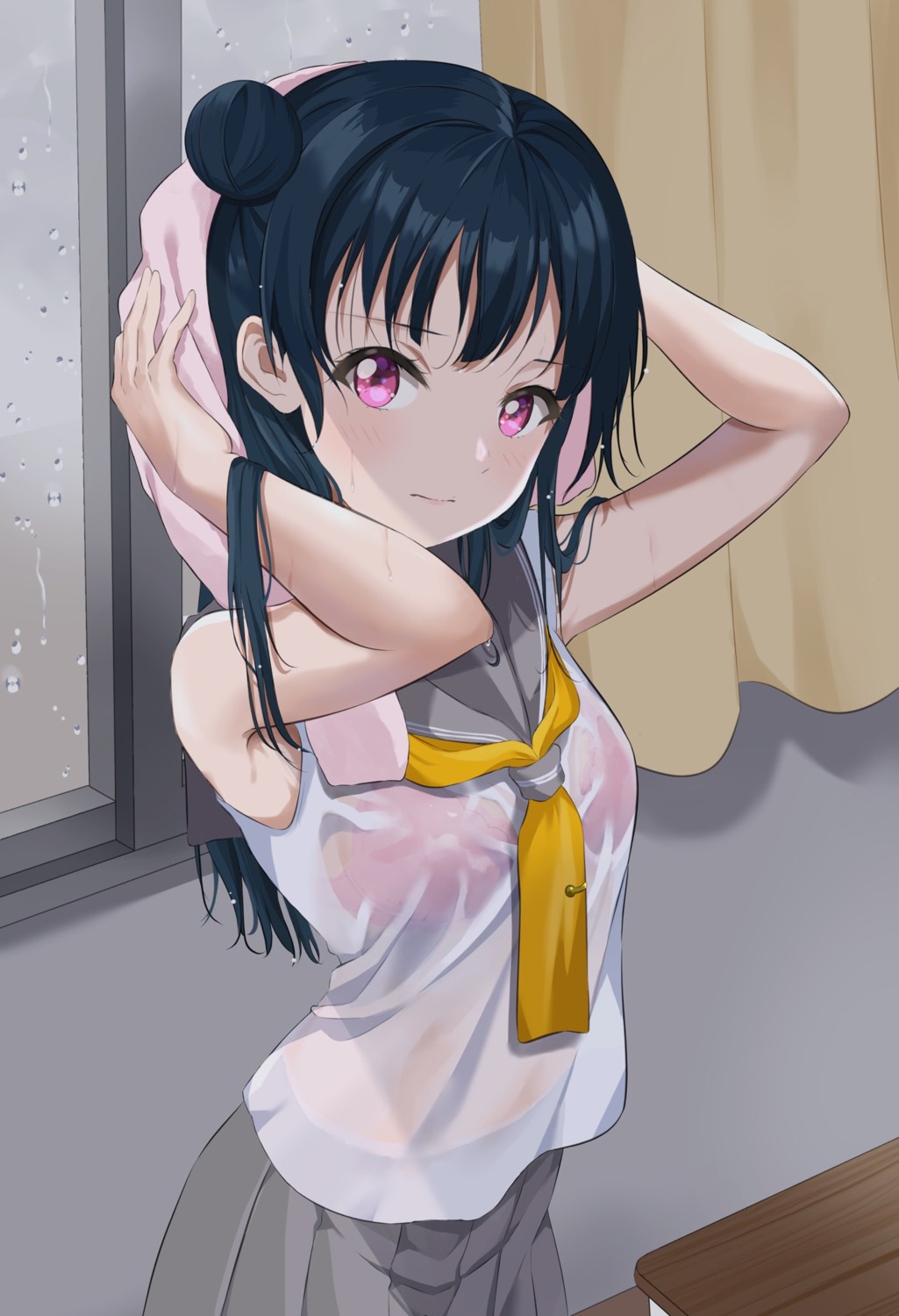 bra gorilla-shi love_live!_sunshine!! see_through seifuku tsushima_yoshiko wet_clothes