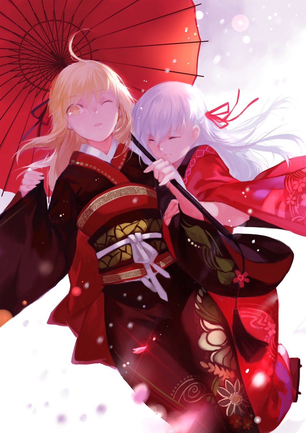 fate/stay_night joseph_lee kimono matou_sakura saber saber_alter umbrella