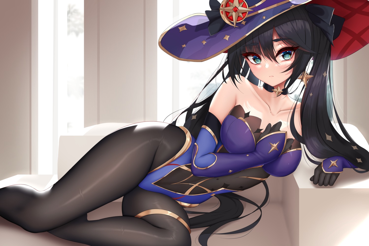 damao_yu garter genshin_impact leotard mona_megistus no_bra pantyhose witch