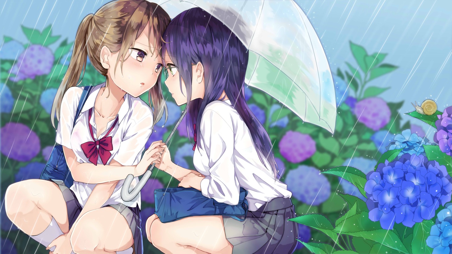 bra cleavage pomu see_through seifuku umbrella wet_clothes yuri