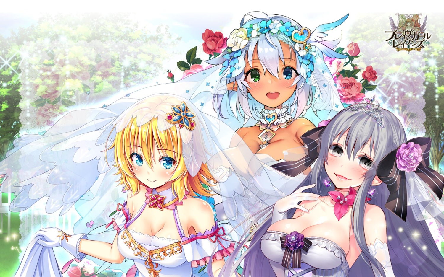 akashio brave_girl_ravens cleavage dress elf frea_henil heterochromia pointy_ears pyon-kti tsukimiya_sei wallpaper wedding_dress