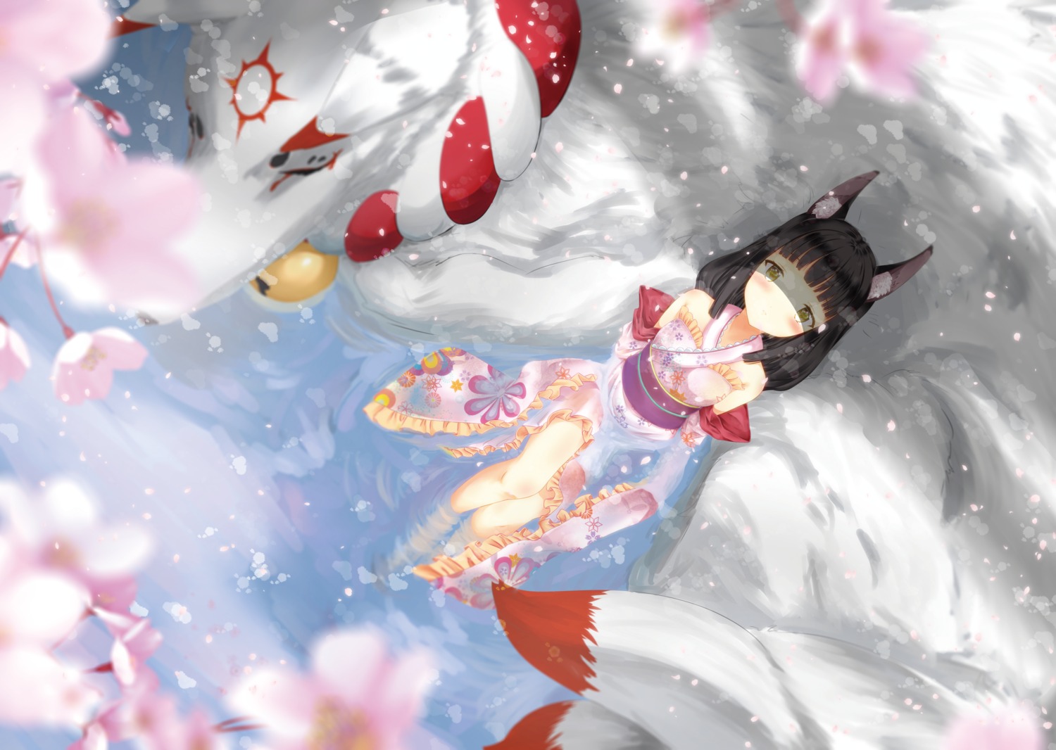 animal_ears azur_lane kitsune lolita_fashion nagato_(azur_lane) see_through wa_lolita wakamoto_riwo wet wet_clothes