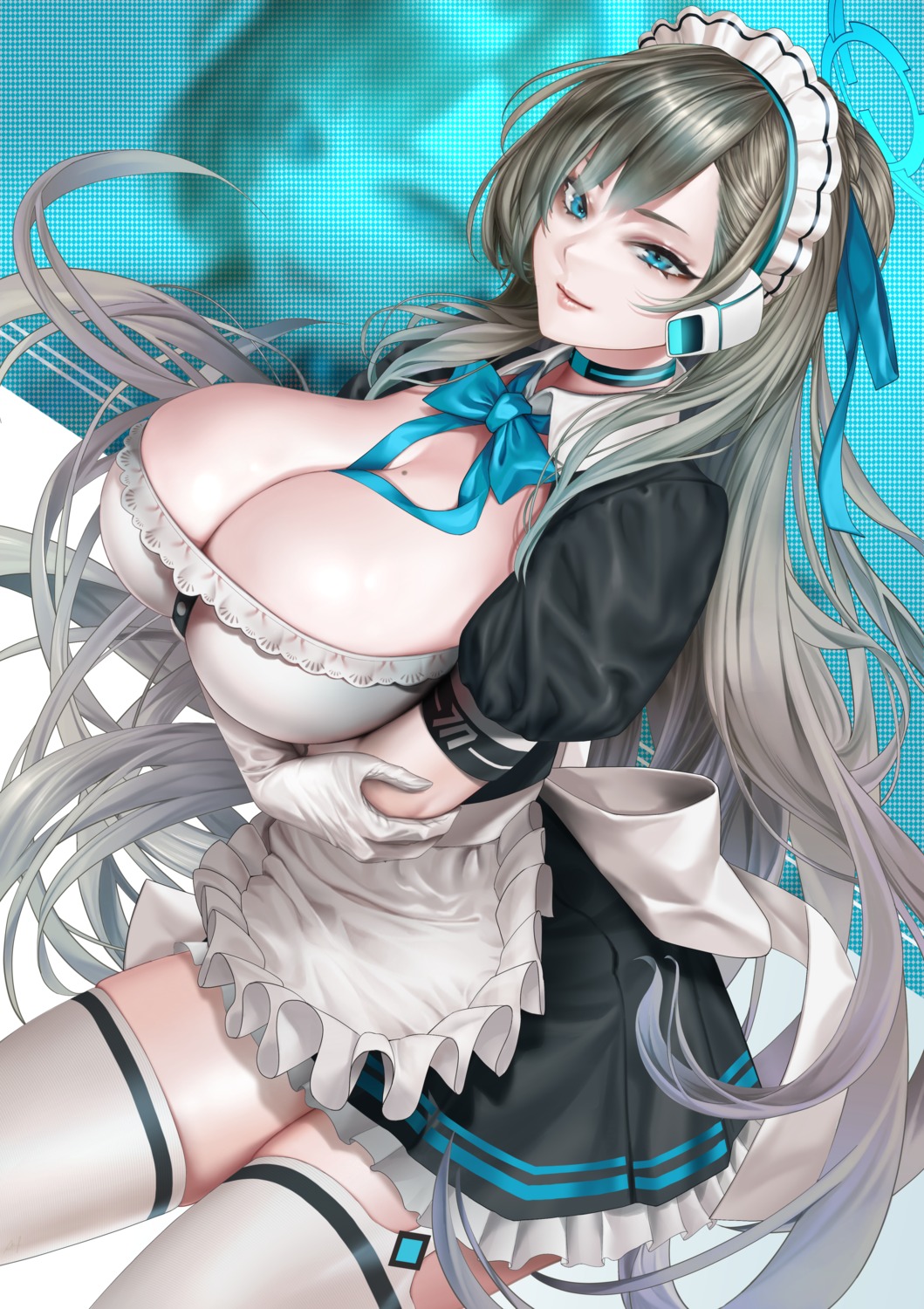 blue_archive breast_hold halo ichinose_asuna kos-owl maid no_bra stockings thighhighs