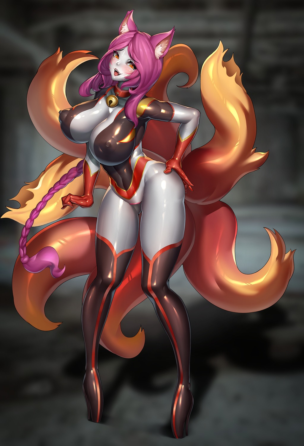 animal_ears erect_nipples kitsune league_of_legends leotard niur no_bra tail thighhighs